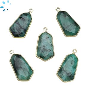 Raw Emerald Faceted Hexagon  Sterling Silver Gold Plated Pendant 23x13 - 24x13mm 