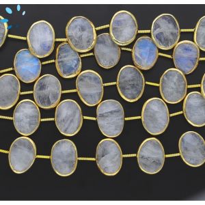  Sterling Silver Gold Plated Bezel Set Rainbow Moonstone Coin Drill Nugget  15x12 - 16x13mm