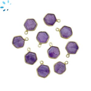 Amethyst Faceted Hexagon Sterling Silver Gold Plated Bezel 9.5mm 