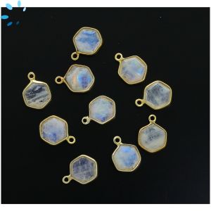 Rainbow Moonstone Faceted Hexagon Sterling Silver Gold Plated Bezel 9.5mm 