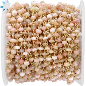 Pink Opal Faceted Button 4 - 5 mm Sterling Silver Gold Plated Rosary Style Beaded Chain Per Foot