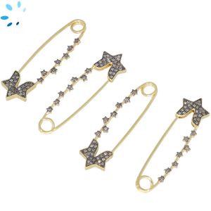 Pave Diamond Sterling Silver Star Safety Pin  44x12 mm-Gold Plated 