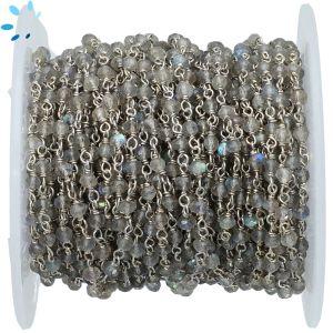 Labradorite Faceted Button 3.0 - 3.5 mm Sterling Silver Rosary Style Beaded Chain Per Foot