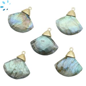 Labradorite Faceted Fan Sterling Silver Gold Plated Pendant  19x20 - 20x20mm 