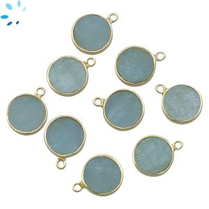  Aquamarine Smooth Coin Sterling Silver Gold Plated Bezel Charm 12.5mm 