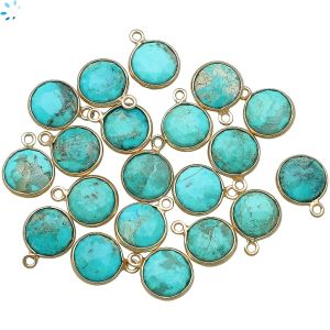 Natural Turquoise Stabilized Sterling Silver Bezel Set Coin 8 - 9 MM Charm Pendant. Set of 4.