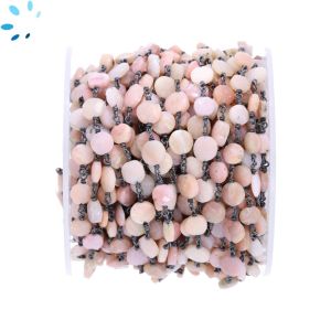 Pink Opal Faceted Coin 6.5 - 7.0mm Sterling Silver Black Rhodium Plated Rosary Style Beaded Chain Per Foot