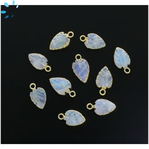 Rainbow Moonstone Carved Leaf Shape Gold Electroplated 11x7 - 12x8mm 