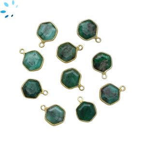 Raw Emerald Faceted Hexagon Sterling Silver Gold Plated Bezel Charm 9.5mm 